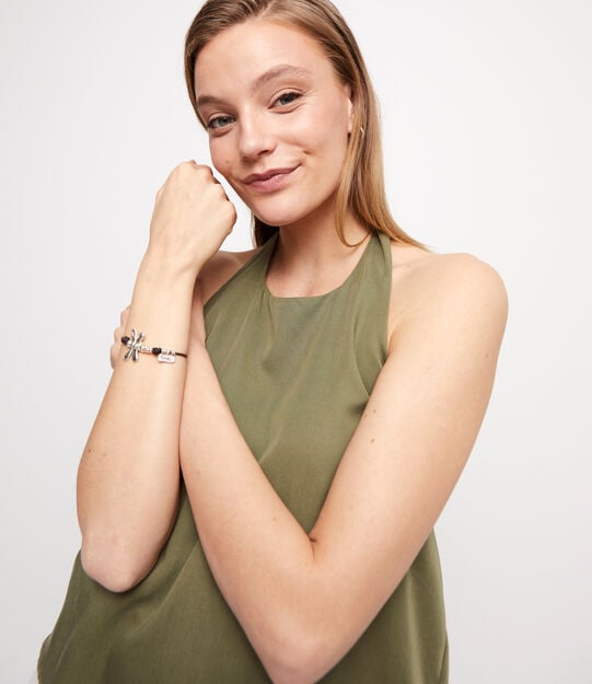 Leather bracelet with sterling silver-plated dragonfly, Silver, large